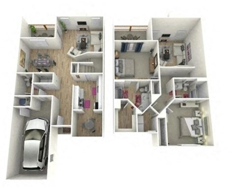 a floor plan of a house with a car in the garage